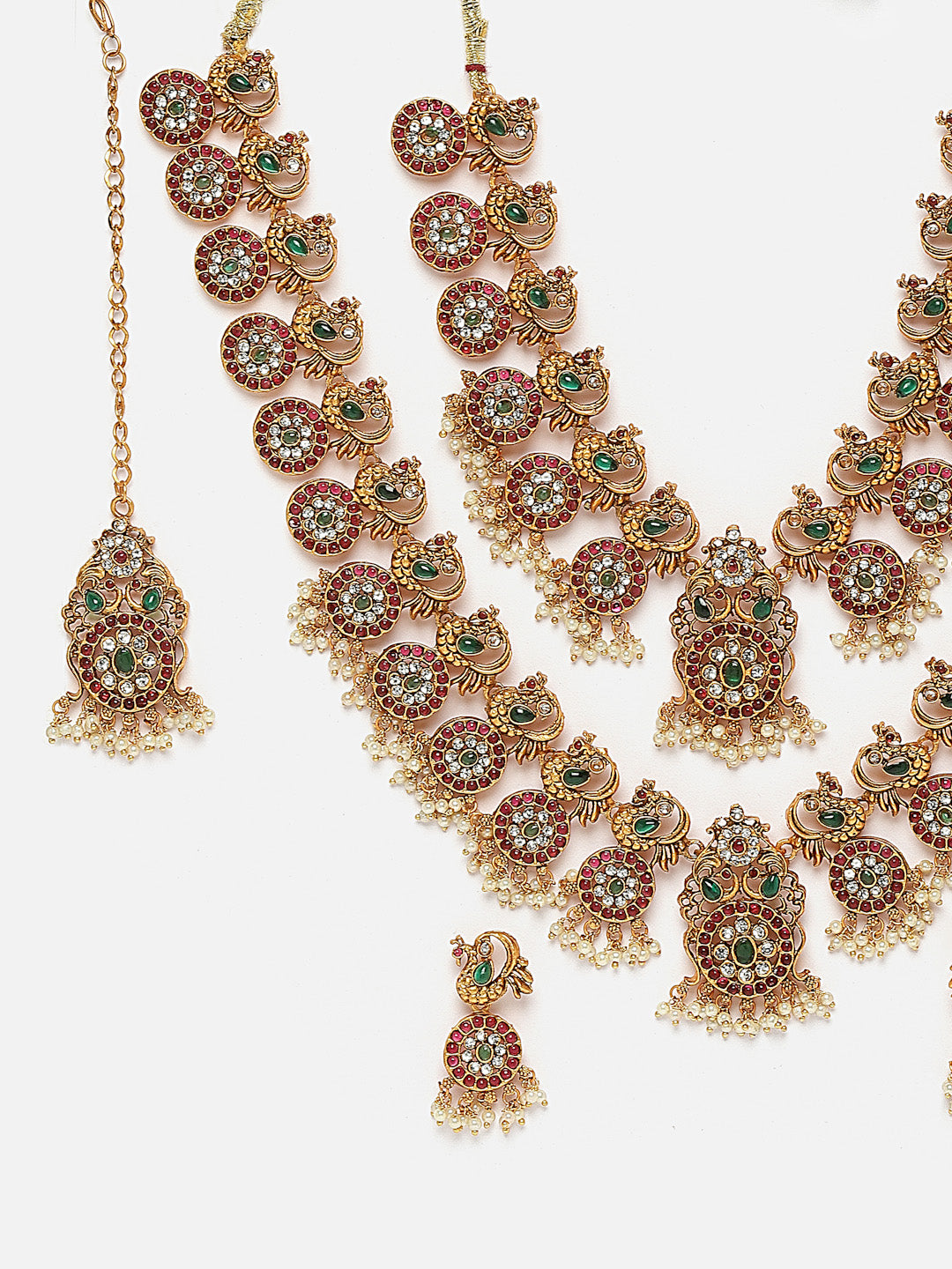 Gold-plated Kundan-studded Peacock Shaped Layered Jewellery Set