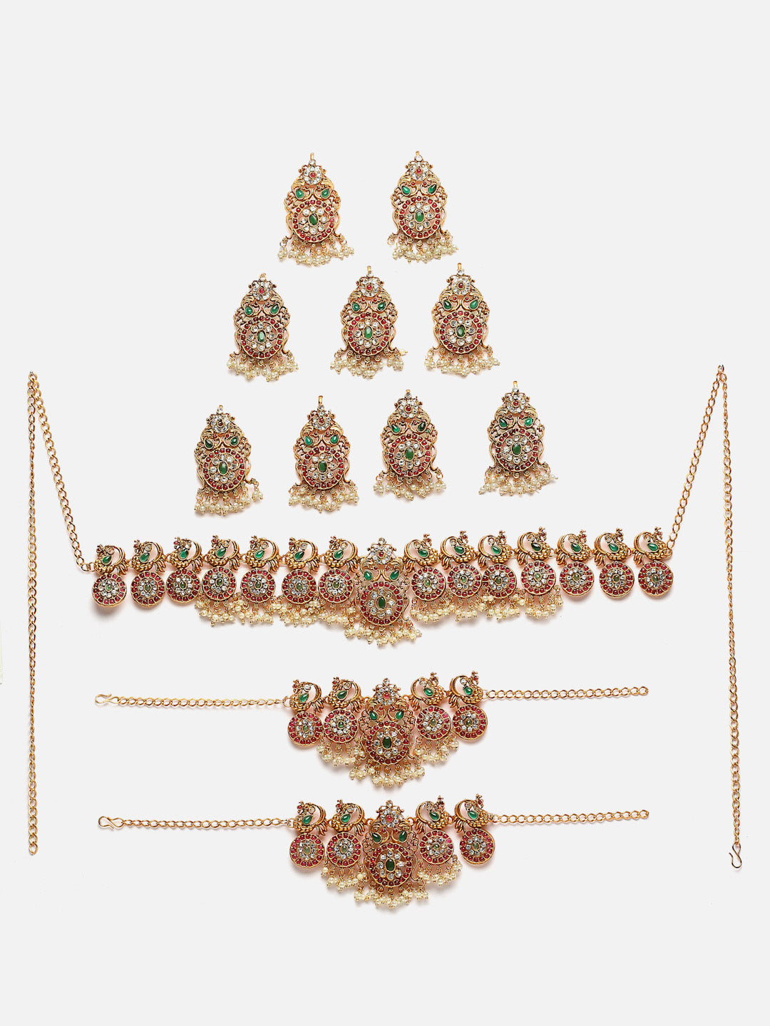 Gold-plated Kundan-studded Peacock Shaped Layered Jewellery Set