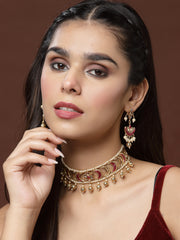 Gold-Plated & White Kundan Reversible Jewellery Set