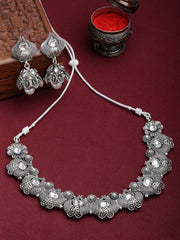 Silver-Toned & White Kundan Oxidised Jewellery Set