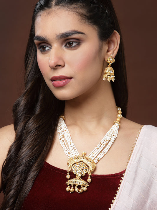 Gold-Plated & White Kundan & Pearl Beaded Jewellery Set