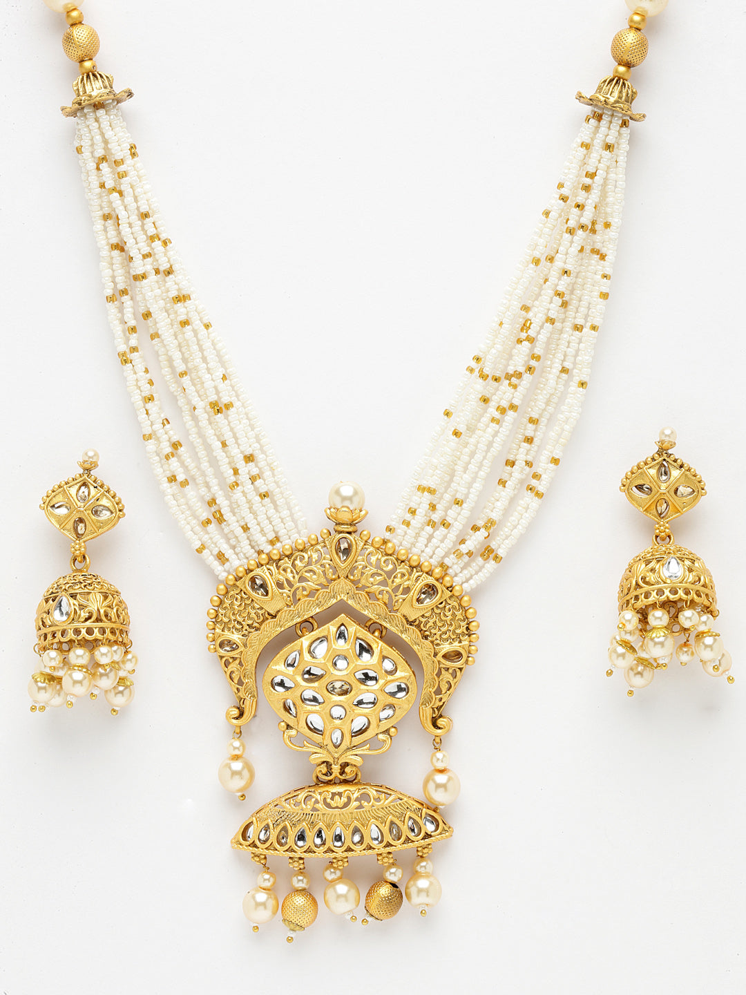 Gold-Plated & White Kundan & Pearl Beaded Jewellery Set