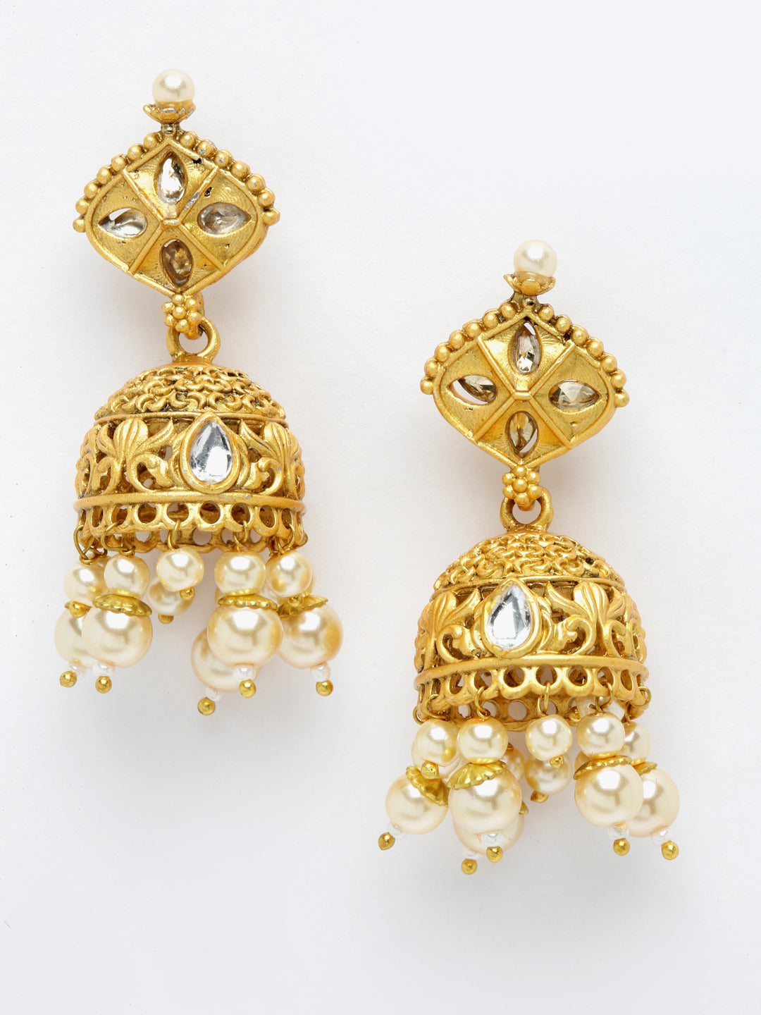 Gold-Plated & White Kundan & Pearl Beaded Jewellery Set