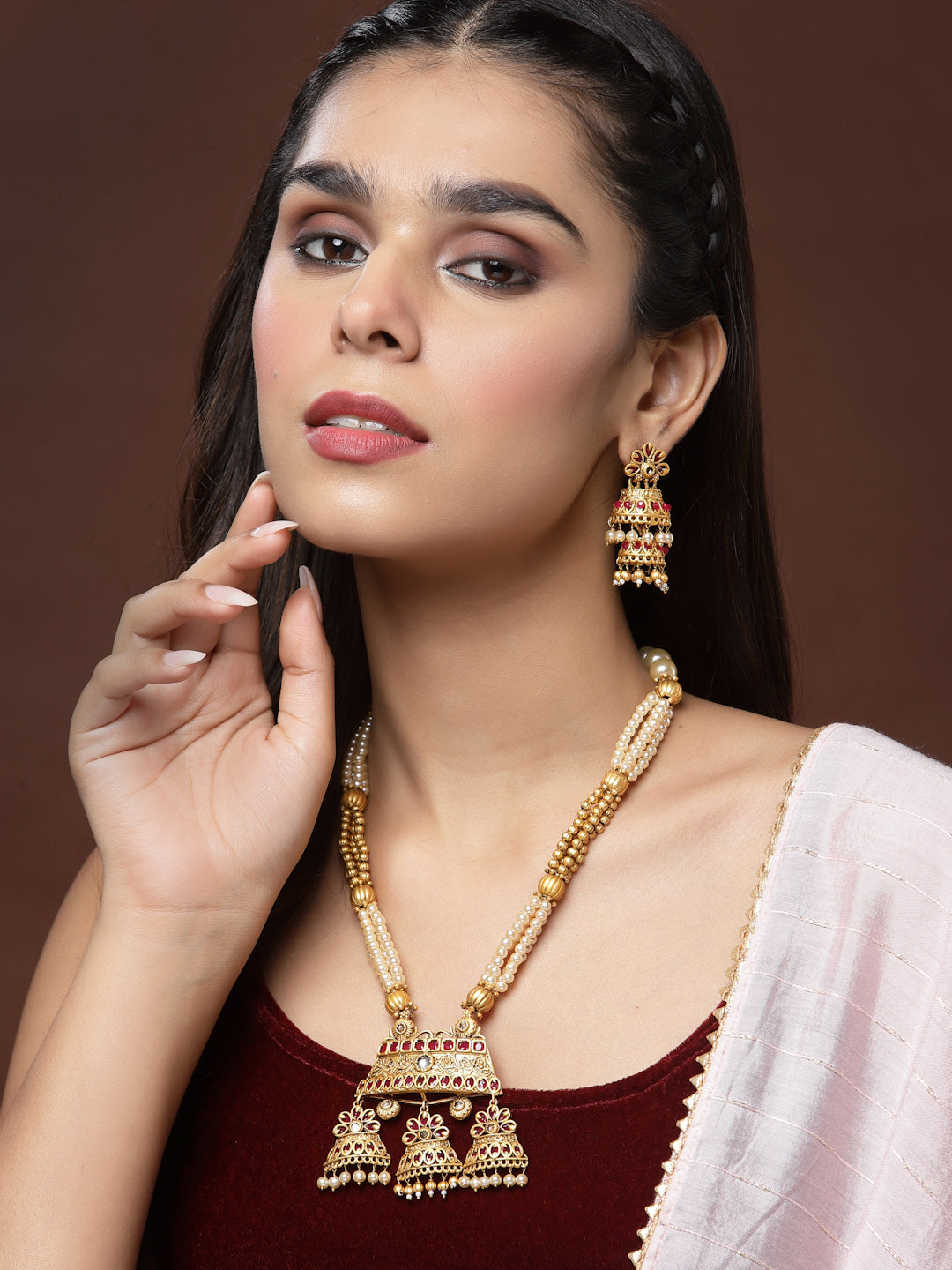 Gold-Plated & Red Stone-Studded & Beaded Jewellery Set