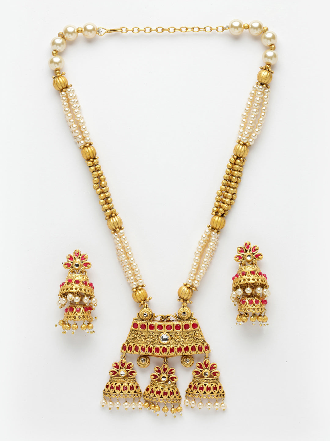 Gold-Plated & Red Stone-Studded & Beaded Jewellery Set