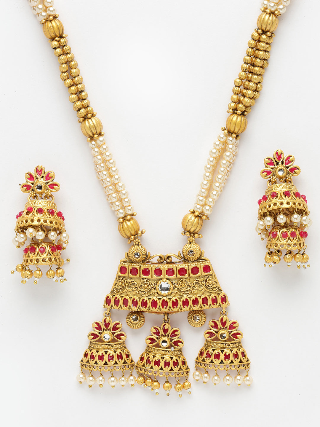 Gold-Plated & Red Stone-Studded & Beaded Jewellery Set