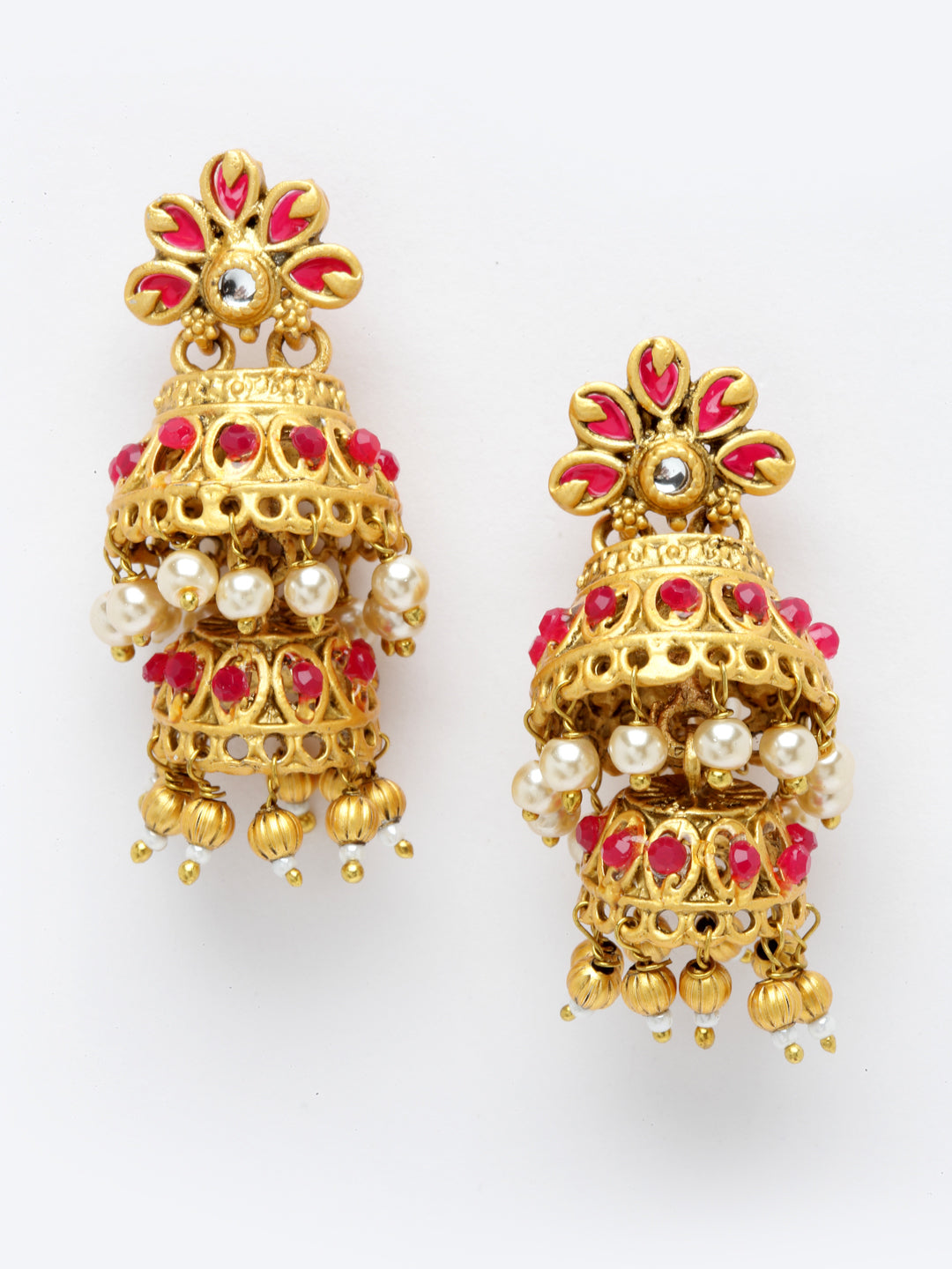 Gold-Plated & Red Stone-Studded & Beaded Jewellery Set