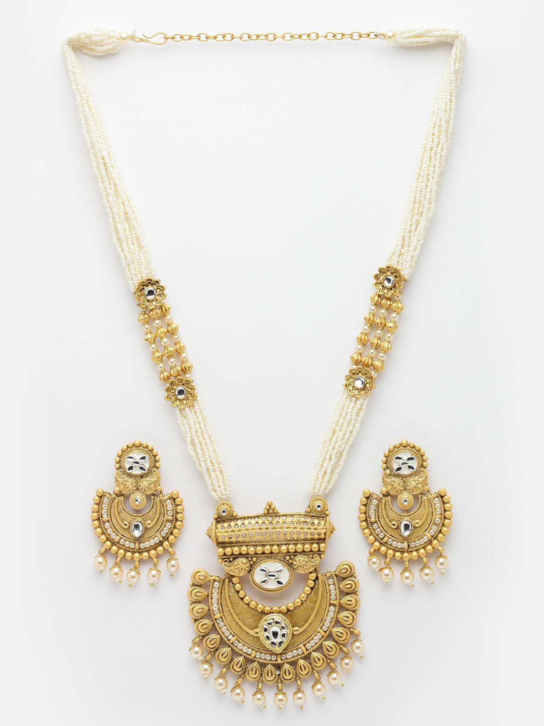 Gold-Plated & White Kundan & Pearl Jewellery Set