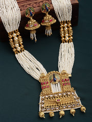 Gold-Plated & White Kundan & Pearl Beaded Jewellery Set