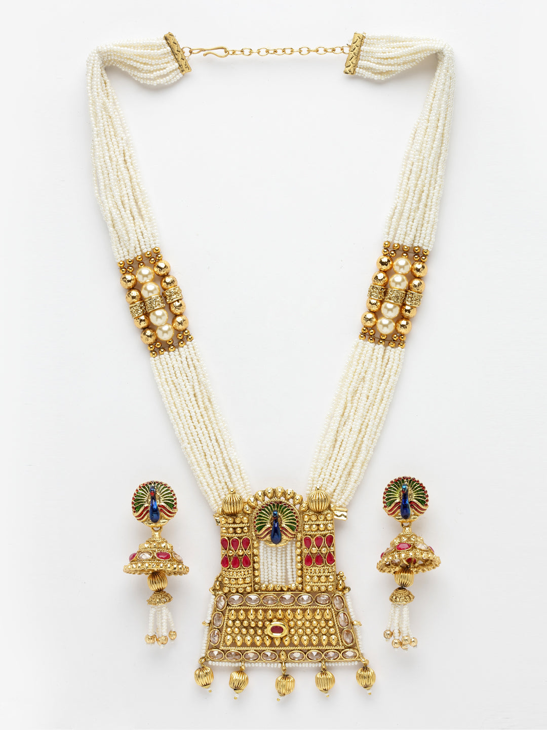 Gold-Plated & White Kundan & Pearl Beaded Jewellery Set