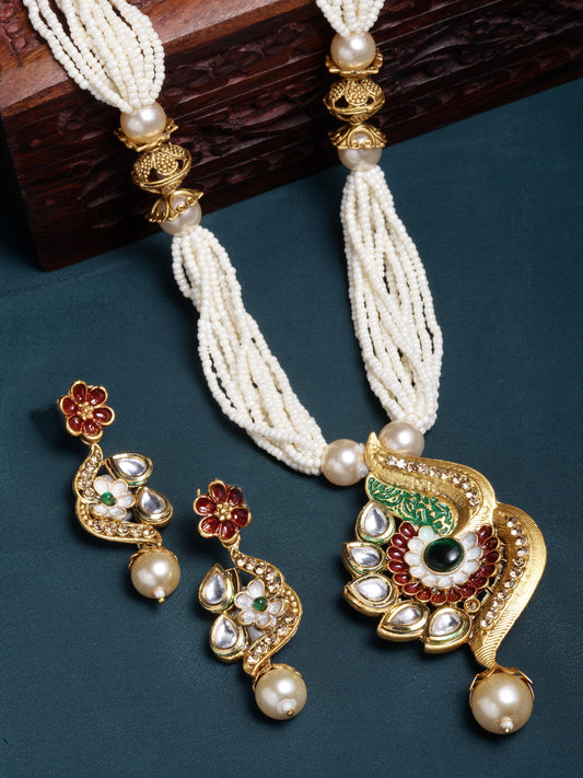 Gold-Plated & White Kundan & Pearls Beaded Jewellery Set