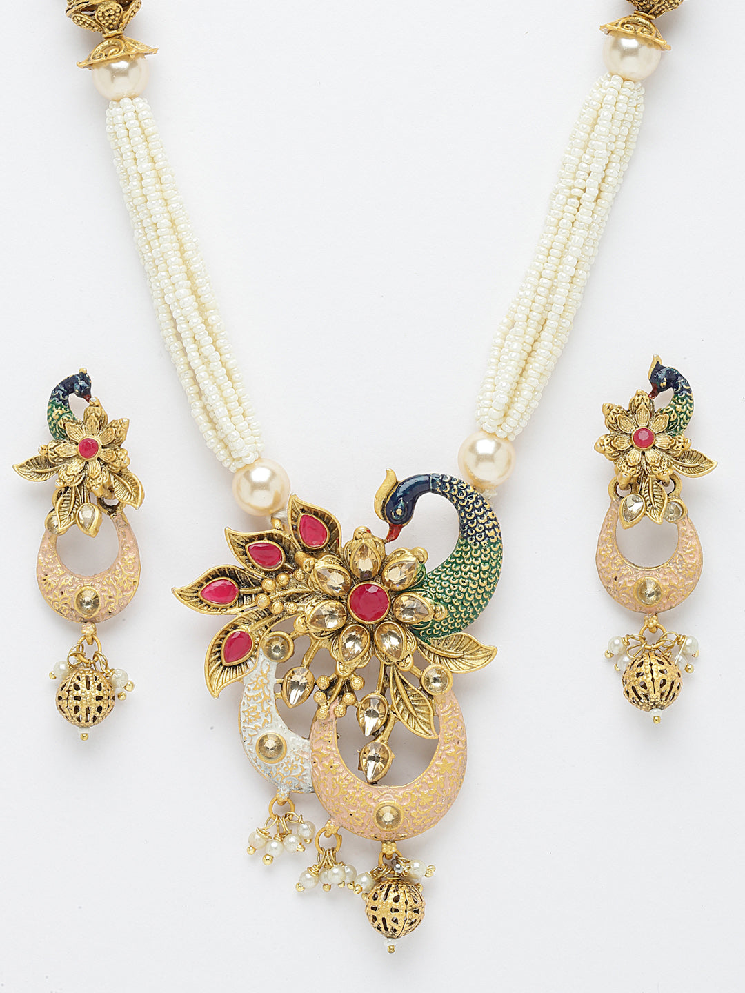 Gold Plated & Off White Peacock Shaped Kundan Jewellery Set