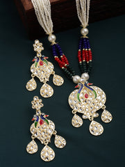 Gold-Plated & Maroon Kundan Studded Reversible Jewellery Set