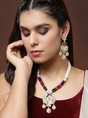 Gold-Plated & Maroon Kundan Studded Reversible Jewellery Set