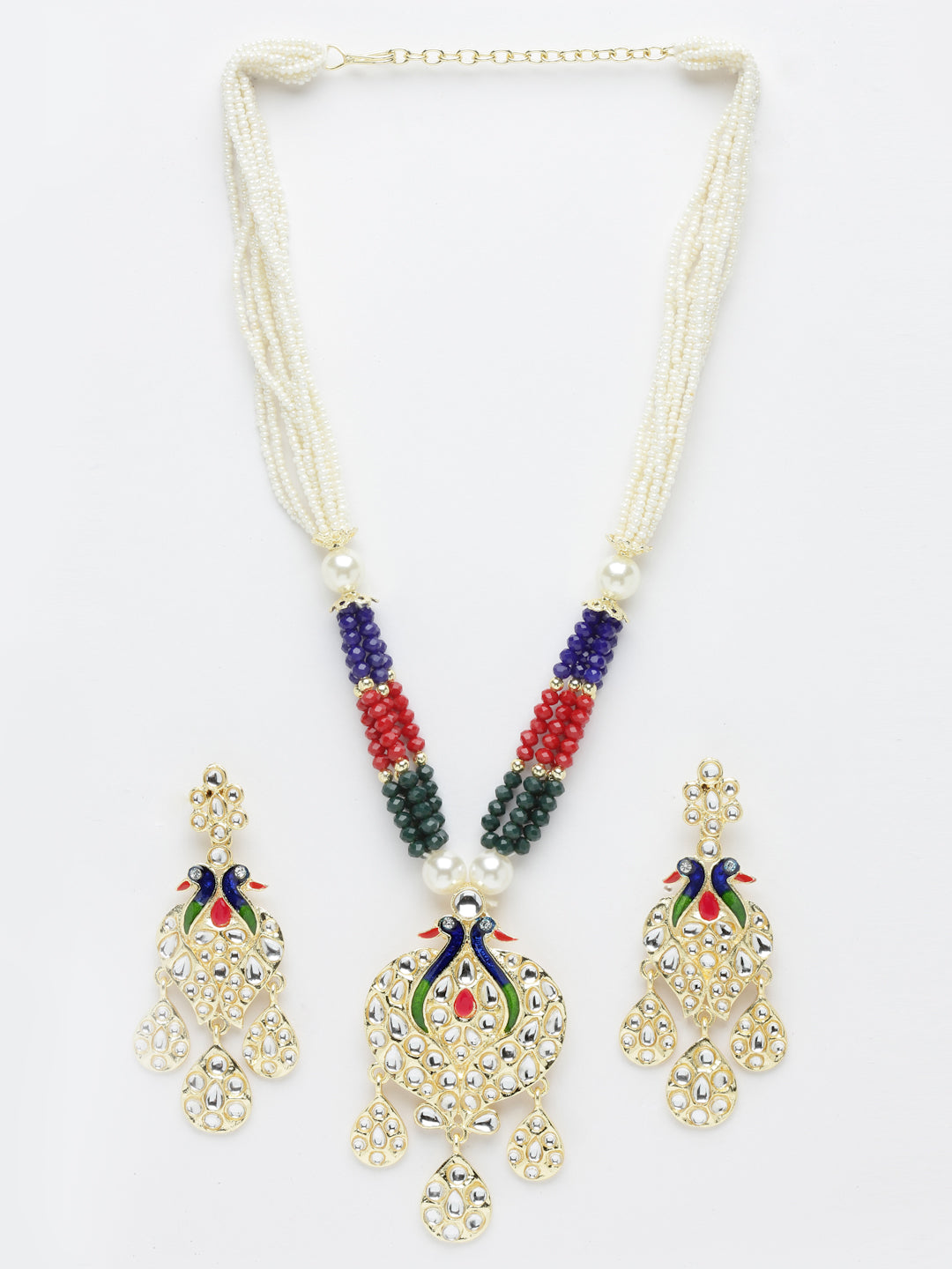 Gold-Plated & White Kundan Studded & Pearl Beaded Jewellery Set