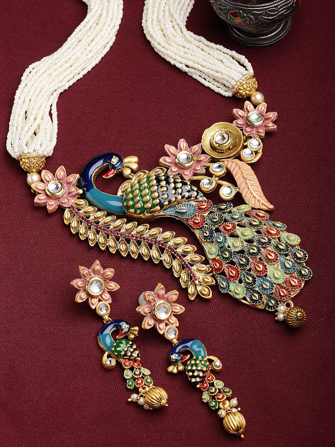 Gold-Plated & White Kundan Meenakari Jewellery Set