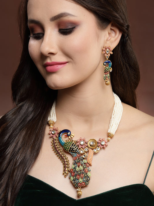 Gold-Plated & White Kundan Meenakari Jewellery Set