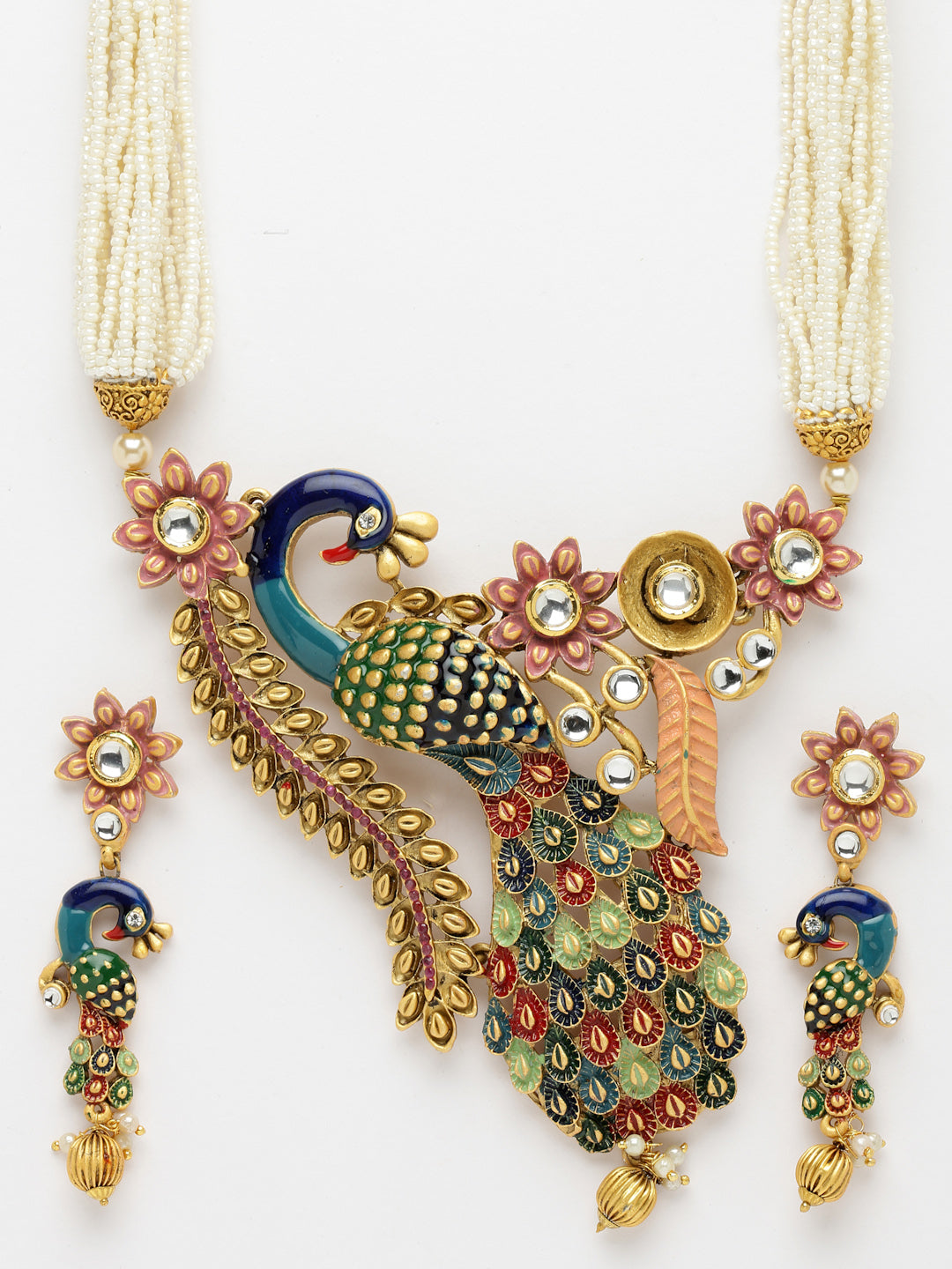 Gold-Plated & White Kundan Meenakari Jewellery Set