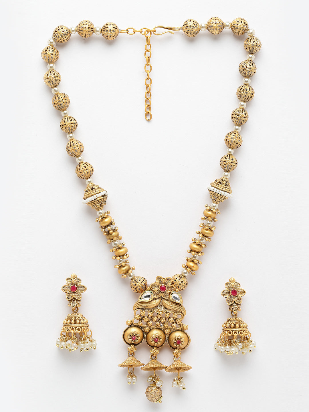 Gold-Plated Kundan Studded & Beaded Necklace And Earrings