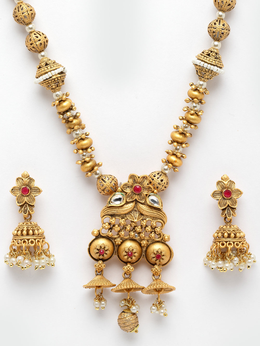 Gold-Plated Kundan Studded & Beaded Necklace And Earrings