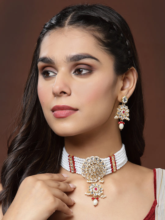 White & Red Gold-Plated Kundan Jewellery Set