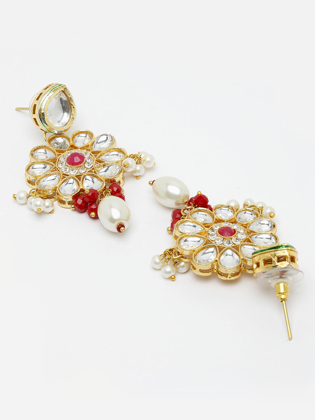 White & Red Gold-Plated Kundan Jewellery Set