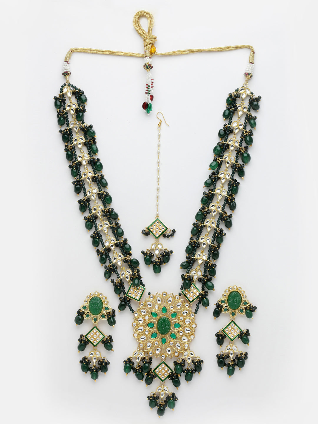 Gold-Plated & Green Kundan Studded & Beaded Jewellery Set