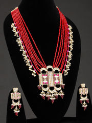 Gold-Plated & Red Kundan & Pearls Beaded Jewellery Set