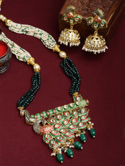 Gold Plated & Green Peacock Shaped Meenakari Kundan Jewellery Set