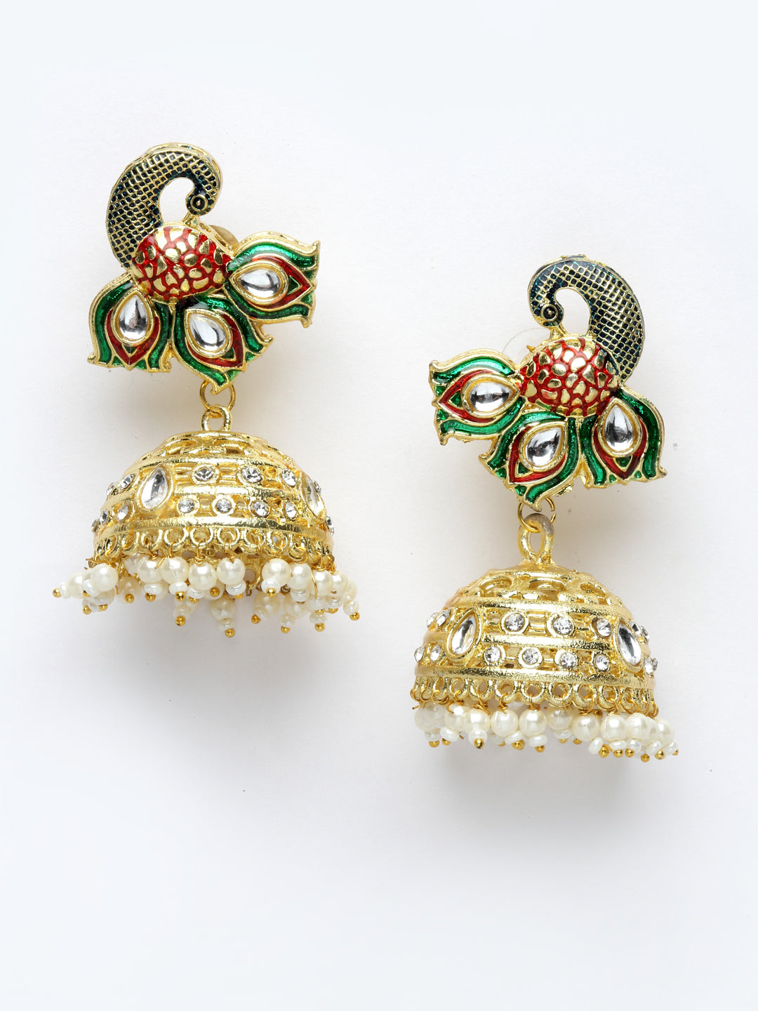 Gold Plated & Green Peacock Shaped Meenakari Kundan Jewellery Set