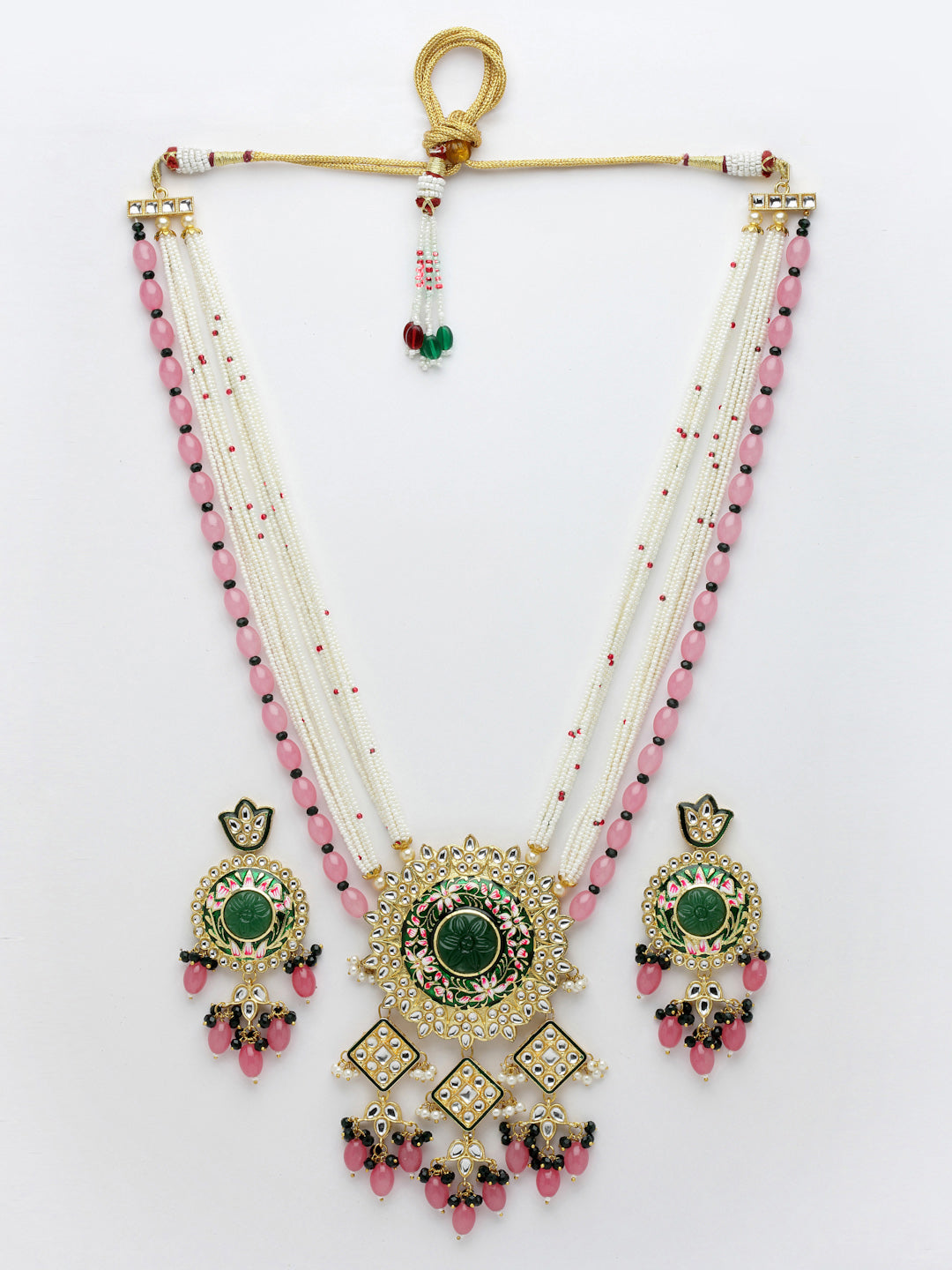 Gold-Plated & Pink Kundan Meenakari Jewellery Set
