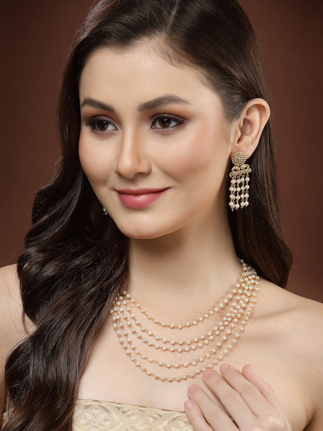 Women Gold-Plated White Pearl Layered Jewellery Set