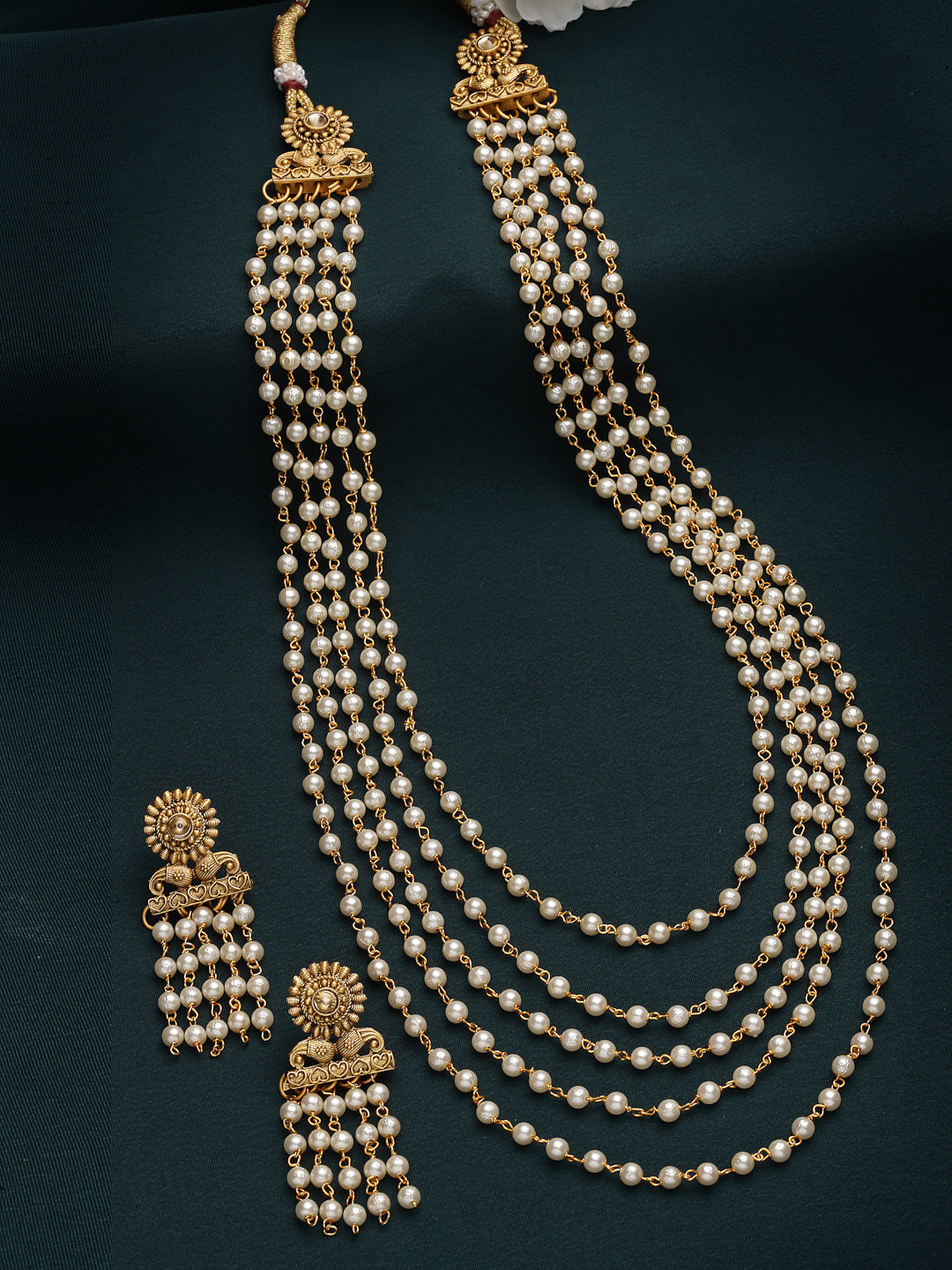 Women Gold-Plated White Pearl Layered Jewellery Set