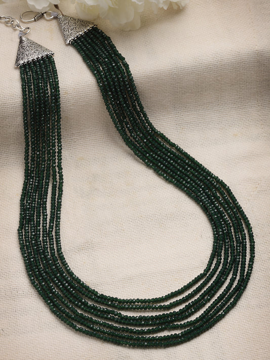 Green & Silver-Toned German Silver Silver-Plated Oxidised Necklace