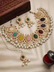 Gold-Plated Kundan Studded & Beaded Necklace And Earrings With Maang Tika