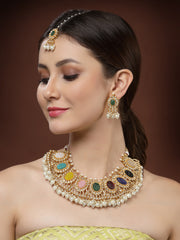 Gold-Plated Kundan Studded & Beaded Necklace And Earrings With Maang Tika