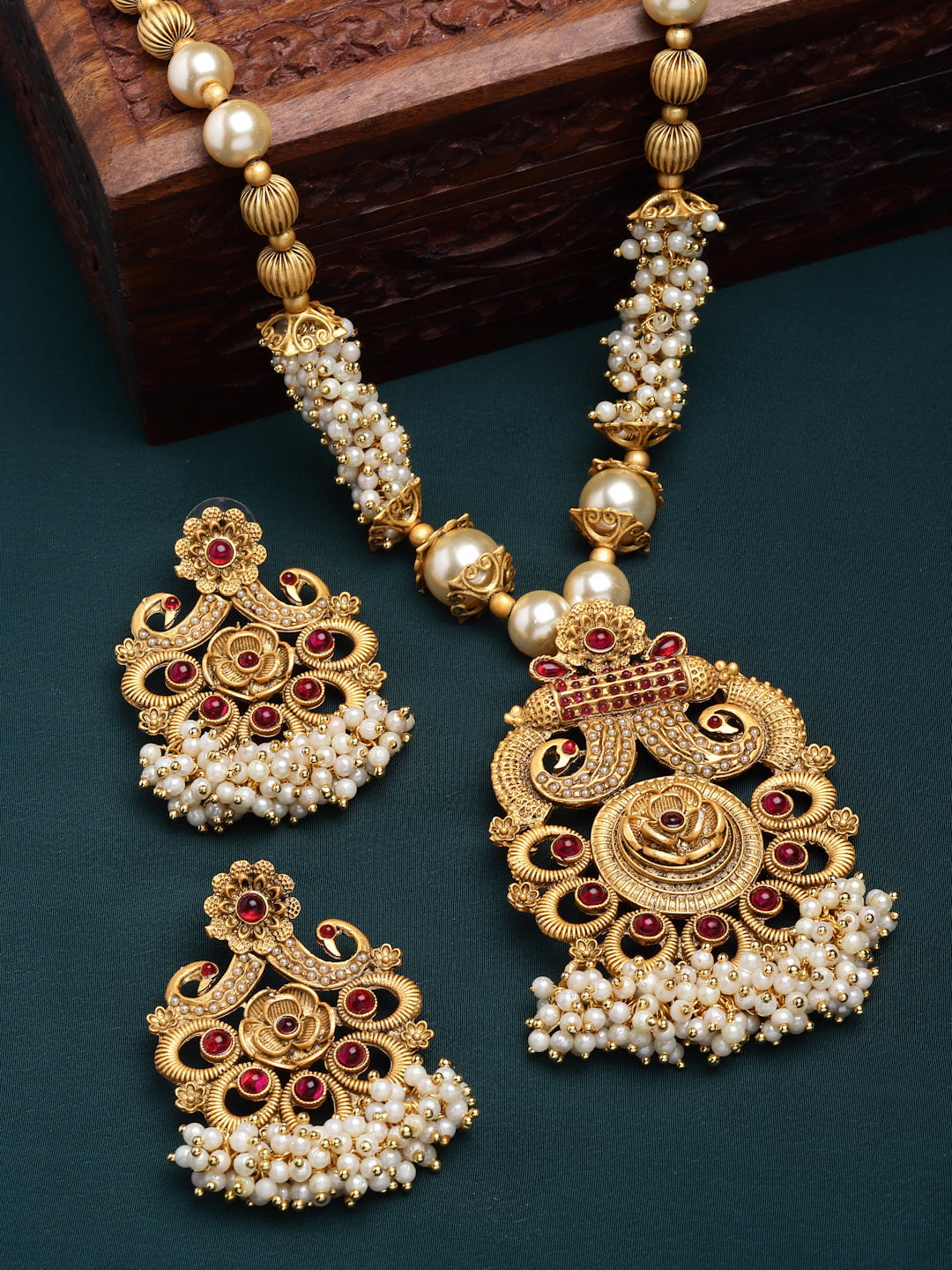 Gold-Plated Stone-Studded Peacock Pearls Jewellery Set