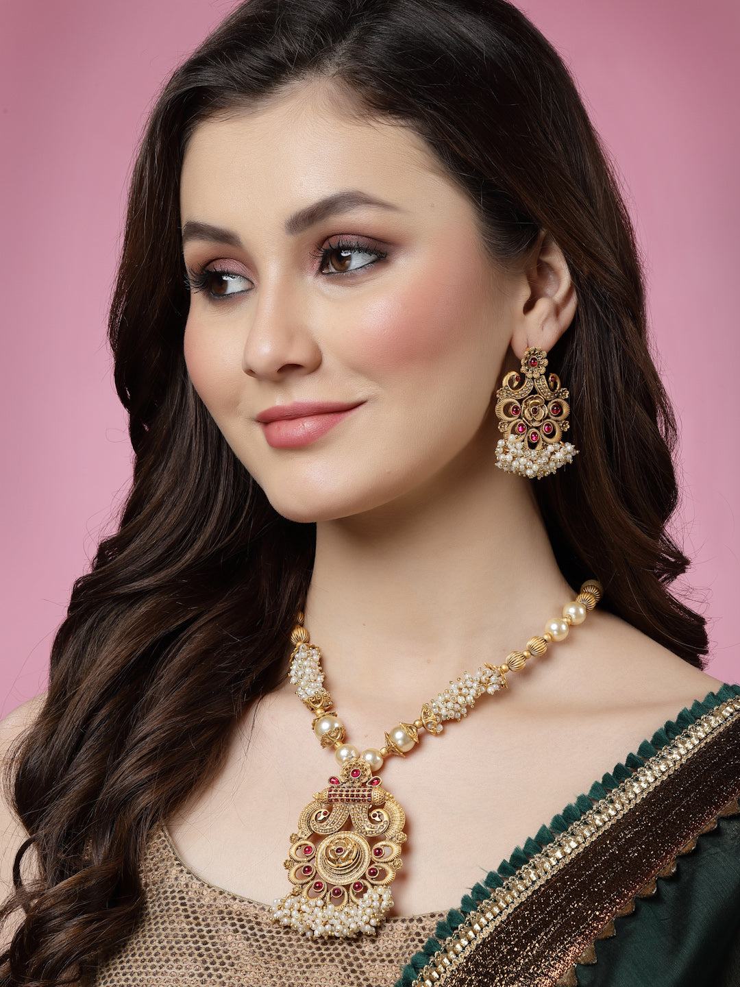 Gold-Plated Stone-Studded Peacock Pearls Jewellery Set