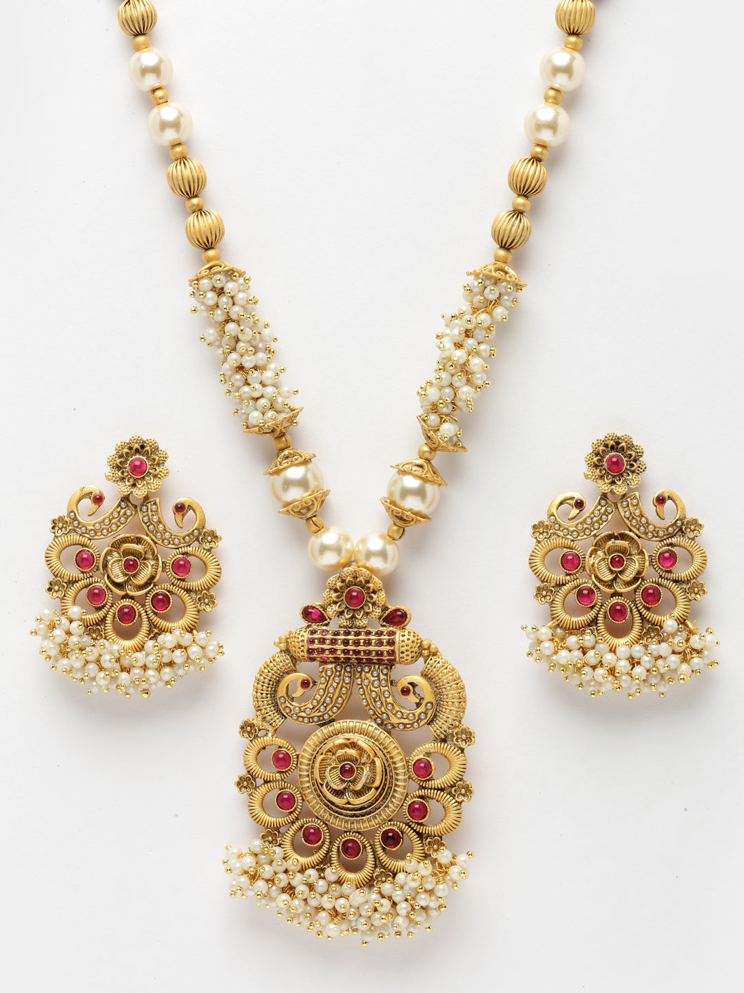 Gold-Plated Stone-Studded Peacock Pearls Jewellery Set