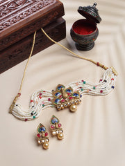 Gold-Plated Stone Studded & Beaded Necklace And Earrings