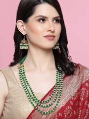 Gold-Plated Green & White Beads Layered Handcrafted Jewellery Set