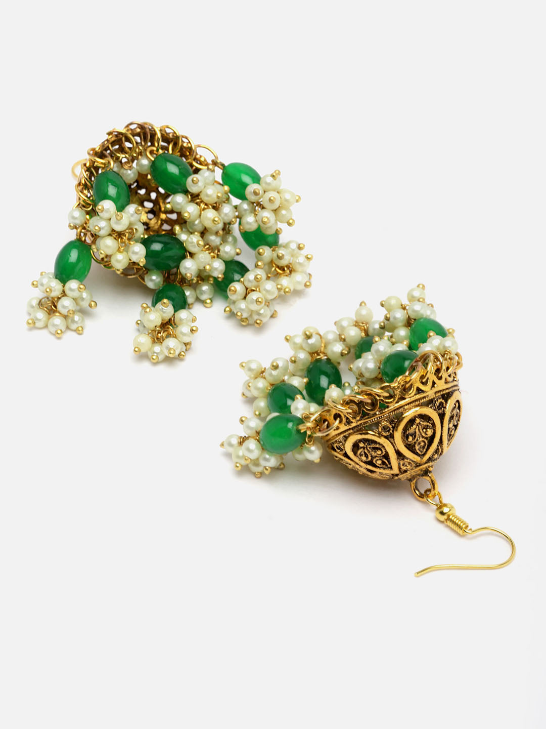 Gold-Plated Green & White Beads Layered Handcrafted Jewellery Set