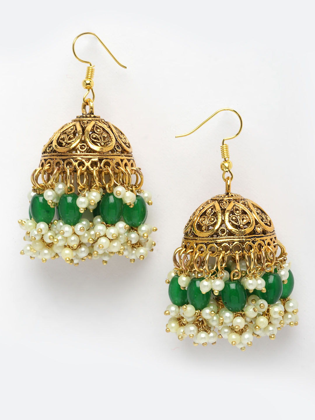 Gold-Plated Green & White Beads Layered Handcrafted Jewellery Set