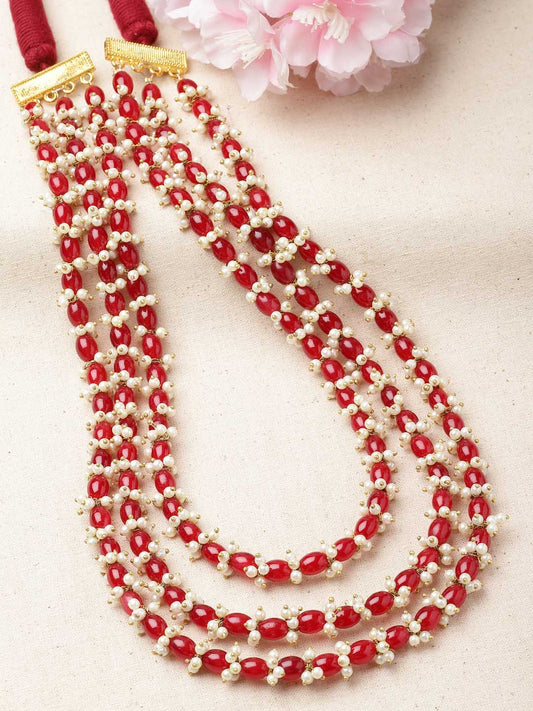 Gold-Plated Red Beads Layered Handcrafted Necklace