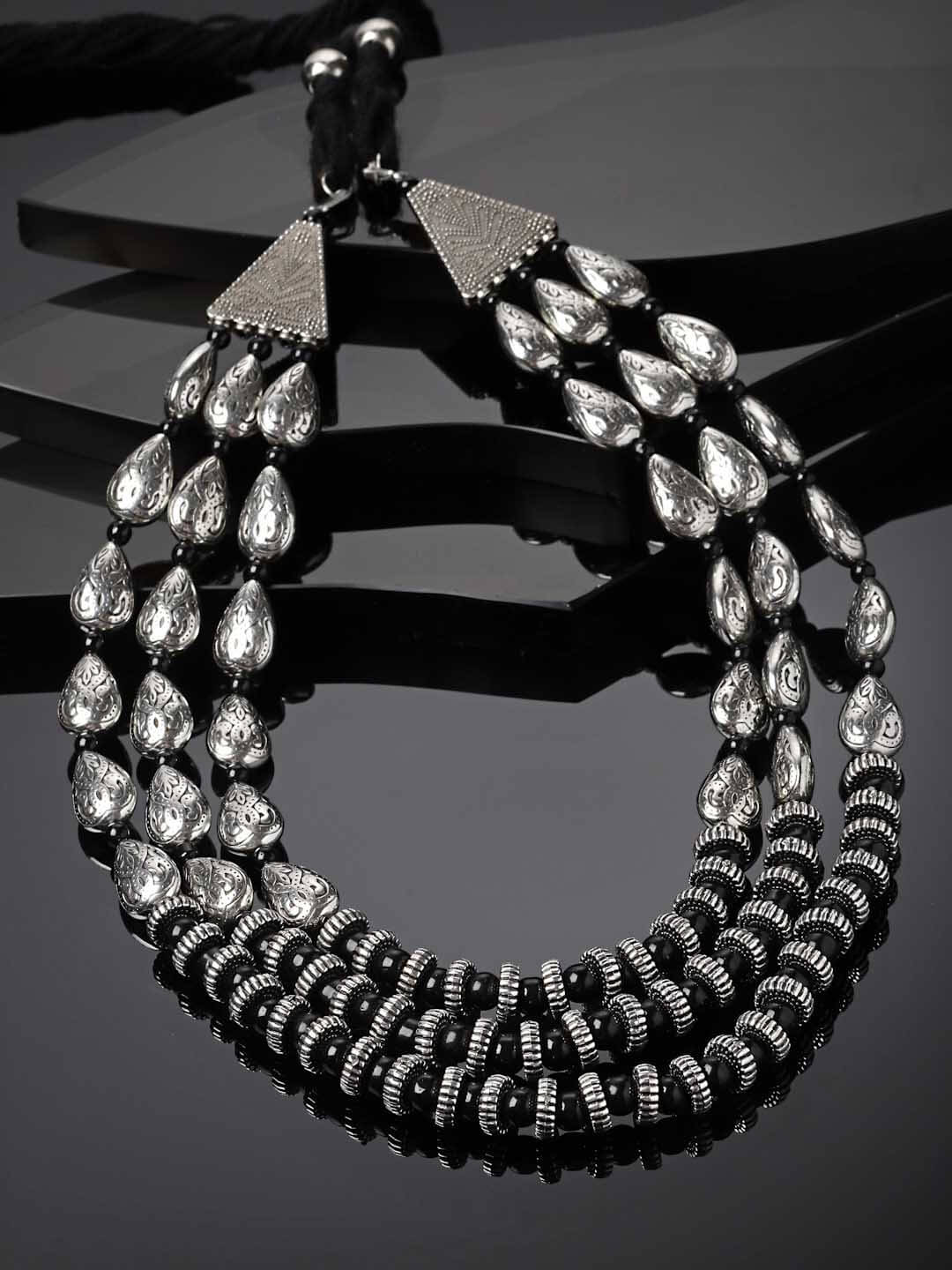 Oxidised Silver-Plated Black Beads Layered Handcrafted Necklace