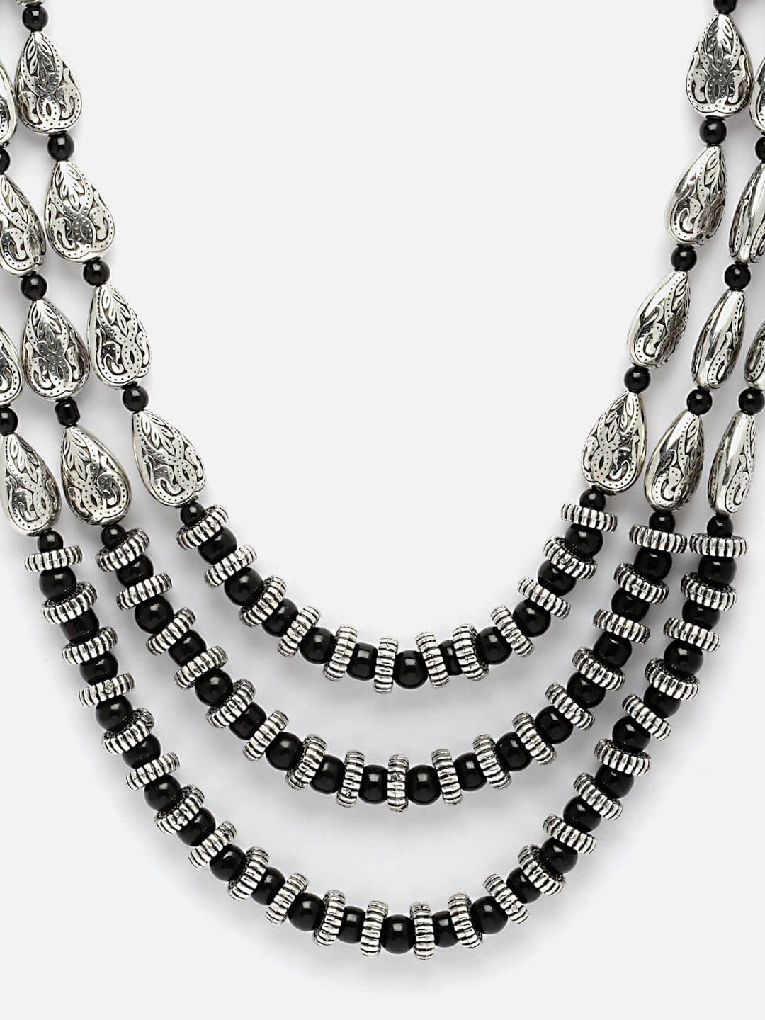 Oxidised Silver-Plated Black Beads Layered Handcrafted Necklace