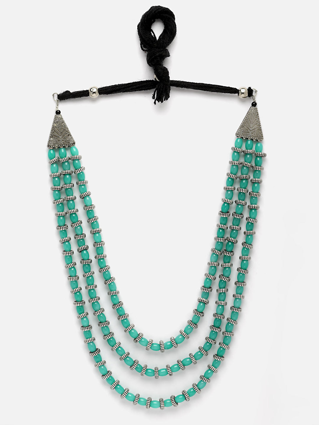 Oxidised Silver-Plated Green Beads Layered Handcrafted Necklace