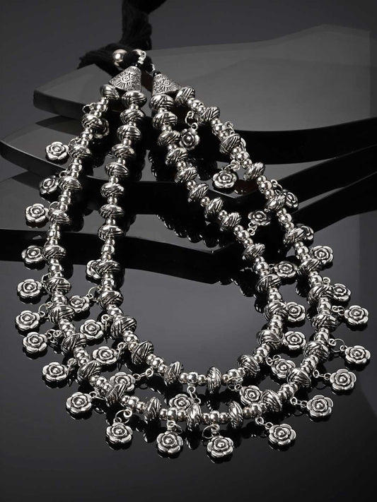 Oxidised Silver-Plated Floral Shaped Layered Handcrafted Necklace