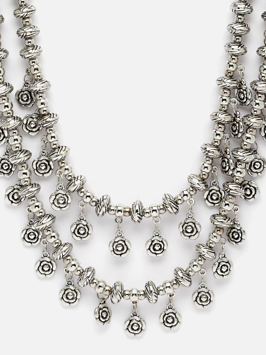 Oxidised Silver-Plated Floral Shaped Layered Handcrafted Necklace