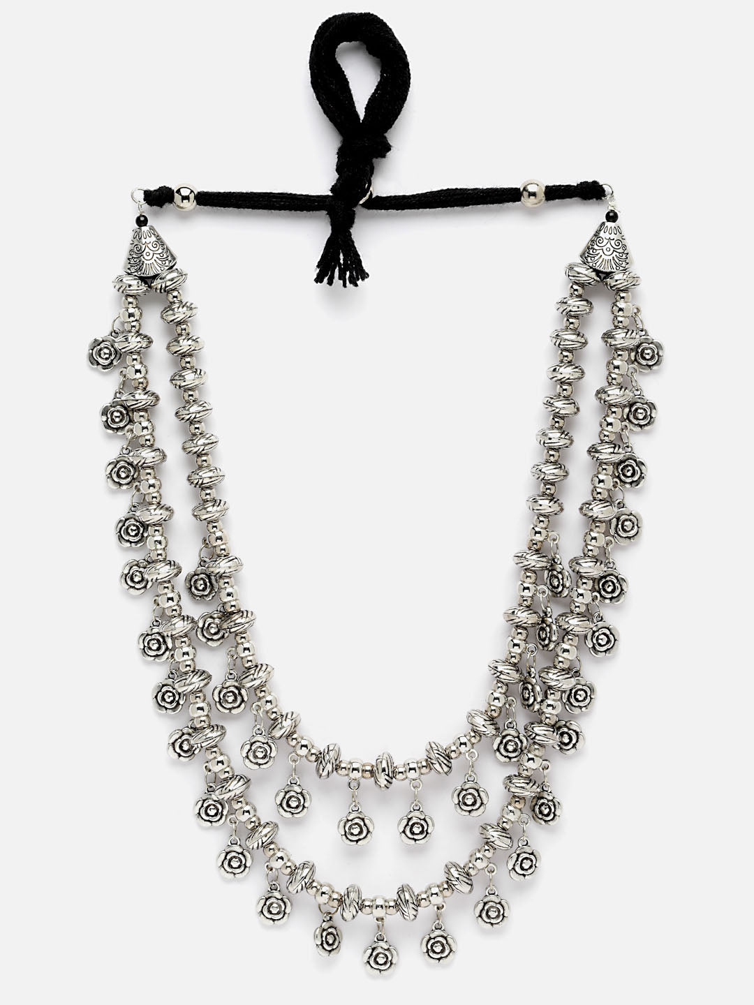 Oxidised Silver-Plated Floral Shaped Layered Handcrafted Necklace